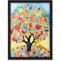 Artery8 Apple Tree Fruit Harvest Day Folk Art Bright Watercolour Painting Artwork Framed Wall Art Print A4 in Black