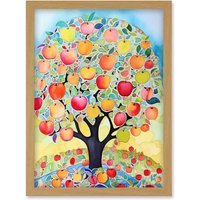 Artery8 Apple Tree Fruit Harvest Day Folk Art Bright Watercolour Painting Artwork Framed Wall Art Print A4 in Light Oak