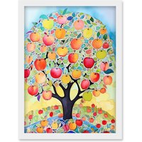 Artery8 Apple Tree Fruit Harvest Day Folk Art Bright Watercolour Painting Artwork Framed Wall Art Print A4 in White