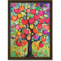 Artery8 Apple Tree Folk Art Bright Watercolour Painting Artwork Framed Wall Art Print A4 in Brown