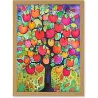 Artery8 Apple Tree Folk Art Bright Watercolour Painting Artwork Framed Wall Art Print A4 in Light Oak