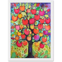 Artery8 Apple Tree Folk Art Bright Watercolour Painting Artwork Framed Wall Art Print A4 in White