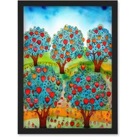 Artery8 Apple Orchard Trees Ready For Harvest Folk Art Landscape Watercolour Painting Artwork Framed Wall Art Print A4 in Black