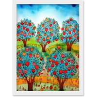 Artery8 Apple Orchard Trees Ready For Harvest Folk Art Landscape Watercolour Painting Artwork Framed Wall Art Print A4 in White