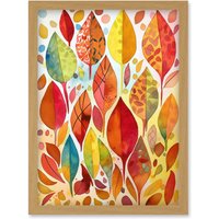 Artery8 Autumn Leaves With Multicoloured Patterns Folk Art Watercolour Painting Artwork Framed Wall Art Print A4 in Light Oak