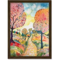 Artery8 Countryside Path With Blooming Flowers & Trees Folk Art Landscape Watercolour Painting Artwork Framed Wall Art Print A4 in Brown