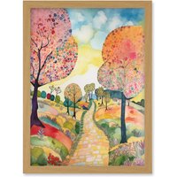 Artery8 Countryside Path With Blooming Flowers & Trees Folk Art Landscape Watercolour Painting Artwork Framed Wall Art Print A4 in Light Oak