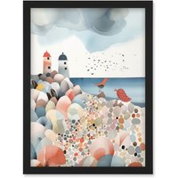 Artery8 Lighthouses On Multicoloured Pebble Beach Watercolour Painting Artwork Framed Wall Art Print A4 in Black