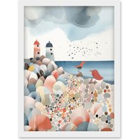 Artery8 Lighthouses On Multicoloured Pebble Beach Watercolour Painting Artwork Framed Wall Art Print A4 in White