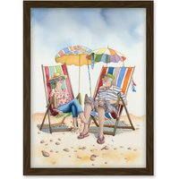 Artery8 Elderly Couple Enjoying A Summer Beach Day Watercolour Illustration Artwork Framed Wall Art Print A4 in Brown