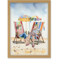 Artery8 Elderly Couple Enjoying A Summer Beach Day Watercolour Illustration Artwork Framed Wall Art Print A4 in Light Oak