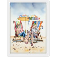Artery8 Elderly Couple Enjoying A Summer Beach Day Watercolour Illustration Artwork Framed Wall Art Print A4 in White