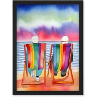 Artery8 Elderly Couple Sitting At The Beach Looking At The Sunset Sky Watercolour Illustration Artwork Framed Wall Art Print A4 in Black