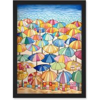 Artery8 Summer At The Seaside With Colourful Beach Umbrellas On The Sand Watercolour Painting Artwork Framed Wall Art Print A4 in Black