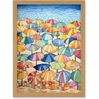 Artery8 Summer At The Seaside With Colourful Beach Umbrellas On The Sand Watercolour Painting Artwork Framed Wall Art Print A4 in Light Oak