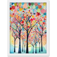 Artery8 Colourful Trees Blooming In Spring Folk Art Watercolour Painting Artwork Framed Wall Art Print A4 in White