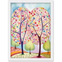 Artery8 Two Trees Blooming In Spring Folk Art Watercolour Painting Artwork Framed Wall Art Print A4 in White
