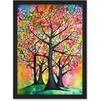 Artery8 Vibrant Blossoming Trees In Spring Folk Art Watercolour Painting Artwork Framed Wall Art Print A4 in Black