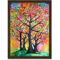 Artery8 Vibrant Blossoming Trees In Spring Folk Art Watercolour Painting Artwork Framed Wall Art Print A4 in Brown