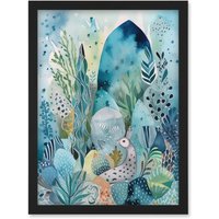 Artery8 Coastal Plants & Animals Folk Art Watercolour Painting Artwork Framed Wall Art Print A4 in Black