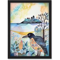 Artery8 Coastal Island Wildlife Folk Art Watercolour Painting Artwork Framed Wall Art Print A4 in Black
