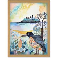 Artery8 Coastal Island Wildlife Folk Art Watercolour Painting Artwork Framed Wall Art Print A4 in Light Oak