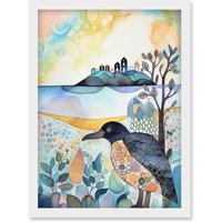Artery8 Coastal Island Wildlife Folk Art Watercolour Painting Artwork Framed Wall Art Print A4 in White