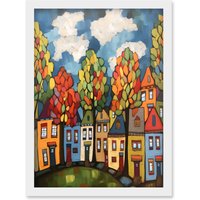 Artery8 Multicoloured Row Of Houses With Autumn Trees Contemporary Folk Art Painting Artwork Framed Wall Art Print A4 in White