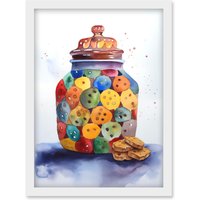 Artery8 Cookie Jar Folk Art Watercolour Painting Artwork Framed Wall Art Print A4 in White