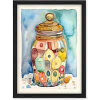 Artery8 Glass Cookie Jar With Sweets Folk Art Watercolour Painting Artwork Framed Wall Art Print A4 in Black
