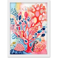 Artery8 Pink & Blue Coral Folk Art Watercolour Painting Artwork Framed Wall Art Print A4 in White