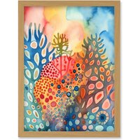 Artery8 Coral Reef Folk Art Watercolour Painting Artwork Framed Wall Art Print A4 in Light Oak