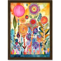 Artery8 Garden Flowers In Spring Folk Art Watercolour Painting Artwork Framed Wall Art Print A4 in Brown