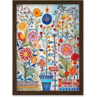 Artery8 Garden Flowers Folk Art Watercolour Painting Artwork Framed Wall Art Print A4 in Brown