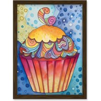 Artery8 Cupcake With Colourful Frosting Folk Art Watercolour Painting Artwork Framed Wall Art Print A4 in Brown