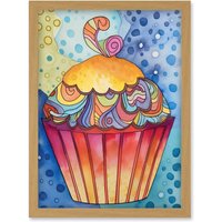 Artery8 Cupcake With Colourful Frosting Folk Art Watercolour Painting Artwork Framed Wall Art Print A4 in Light Oak