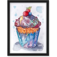 Artery8 Cupcake Icing With Fruit Folk Art Watercolour Painting Artwork Framed Wall Art Print A4 in Black