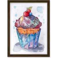 Artery8 Cupcake Icing With Fruit Folk Art Watercolour Painting Artwork Framed Wall Art Print A4 in Brown