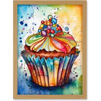 Artery8 Cupcake With Sprinkles Vibrant Watercolour Painting Artwork Framed Wall Art Print A4 in Light Oak