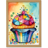 Artery8 Cupcake With Colourful Frosting Watercolour Folk Art Painting Artwork Framed Wall Art Print A4 in Light Oak