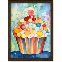 Artery8 Rainbow Pattern Cupcake Folk Art Watercolour Painting Artwork Framed Wall Art Print A4 in Brown