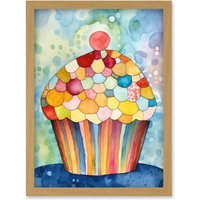 Artery8 Rainbow Pattern Cupcake Folk Art Watercolour Painting Artwork Framed Wall Art Print A4 in Light Oak