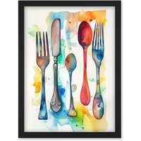 Artery8 Cutlery Forks Spoons & Knife Watercolour Painting Artwork Framed Wall Art Print A4 in Black