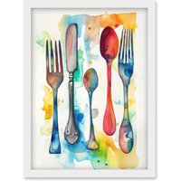 Artery8 Cutlery Forks Spoons & Knife Watercolour Painting Artwork Framed Wall Art Print A4 in White