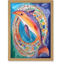 Artery8 Rainbow Dolphin & Pattern Hoop Folk Art Watercolour Painting Artwork Framed Wall Art Print A4 in Light Oak