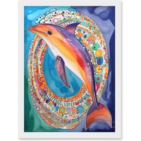 Artery8 Rainbow Dolphin & Pattern Hoop Folk Art Watercolour Painting Artwork Framed Wall Art Print A4 in White
