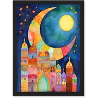 Artery8 Eid Crescent Moon Cityscape Folk Art Watercolour Painting Artwork Framed Wall Art Print A4 in Black