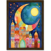 Artery8 Eid Crescent Moon Cityscape Folk Art Watercolour Painting Artwork Framed Wall Art Print A4 in Brown