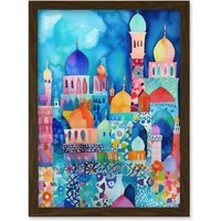 Artery8 Morocco Cityscape Moonlight Folk Art Artwork Framed Wall Art Print A4 in Brown