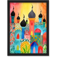 Artery8 Abstract Islamic Cityscape Folk Art Artwork Framed Wall Art Print A4 in Black